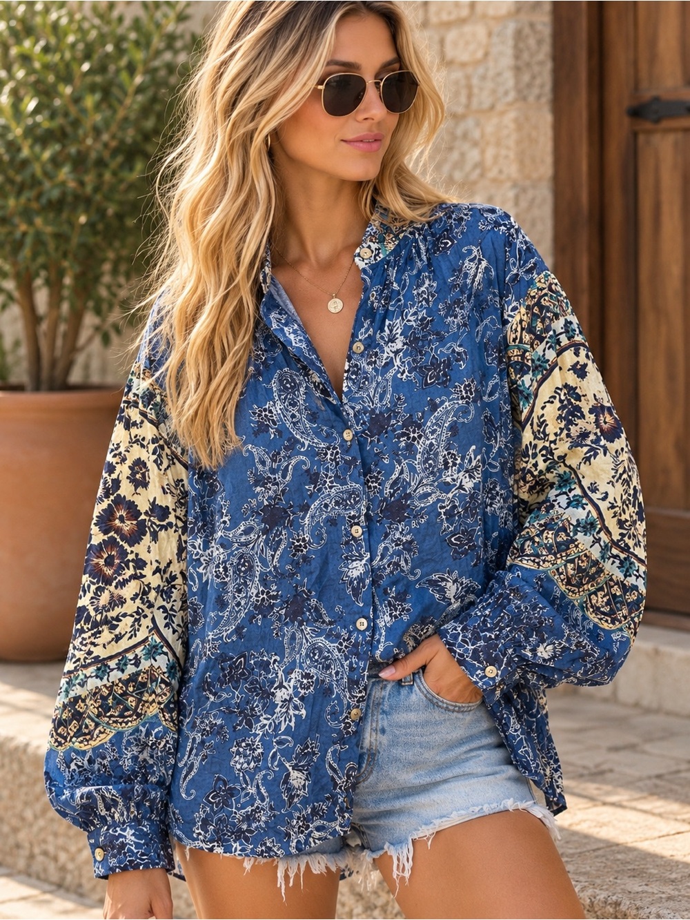 Free People Rose Bud Blouse S Blue Combo Mixed Print Paisley Boho Oversized (TC)